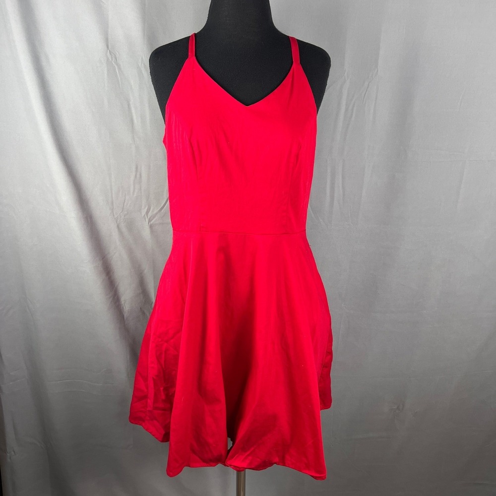Goobgs Fit & Flare Dress Womens Large Red Cotton Stretch Spaghetti Straps V Neck